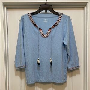 Talbots - light blue top with embroidered split neck & tassel - size M